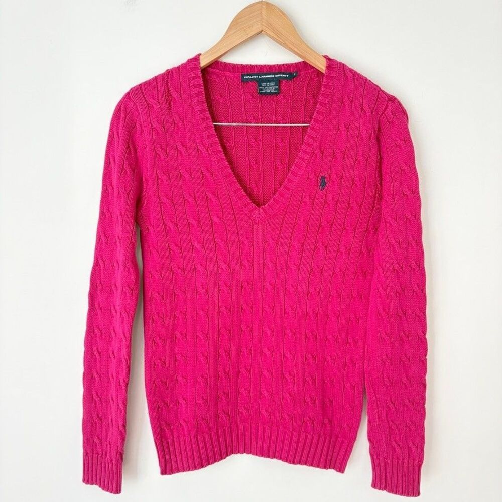 Ralph Lauren Sport Women Cable Knit Cotton V Neck Sweater Sz M Hot Pink Pony
